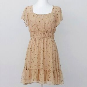 Altar’d State Women’s Tan Floral Dress Flowy Cap Sleeves, Simple Elegance Size M